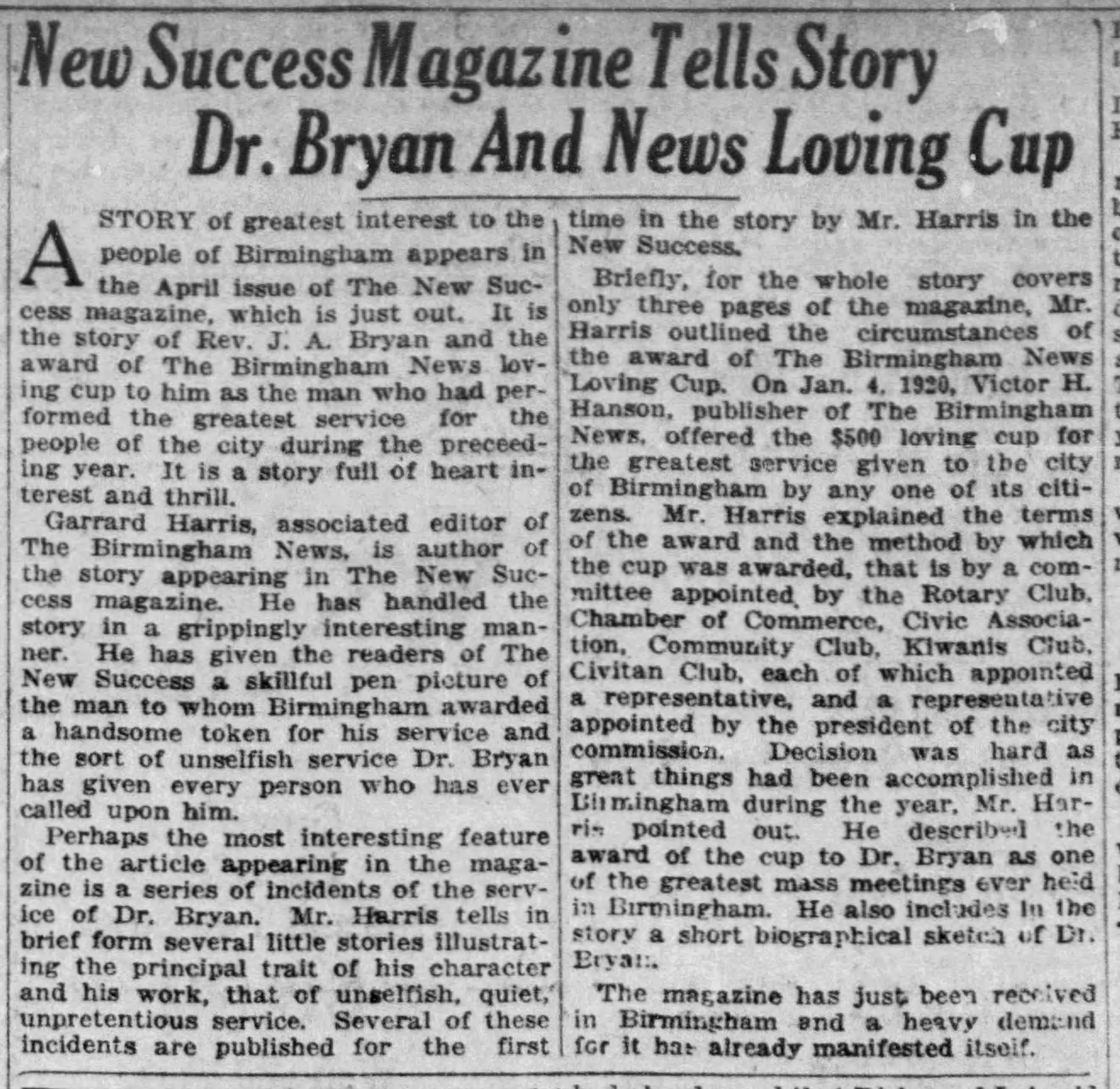 New Success Magazine Tells Story Dr. Bryan and News Loving Cup
